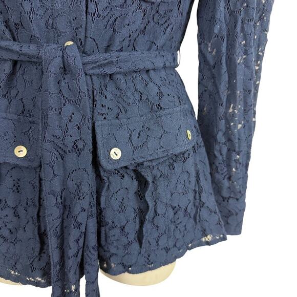 Marla Wynne Collection Navy Lace Sheer Sleeves Belted Button Up Top Blouse sz S - Picture 7 of 16